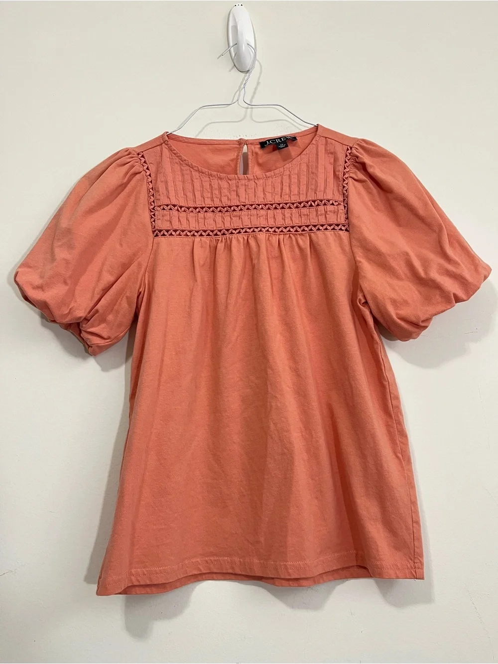 J. Crew Salmon Dusty Pink Lace Trim Blouse Top Short Puff Sleeve Size XS Office